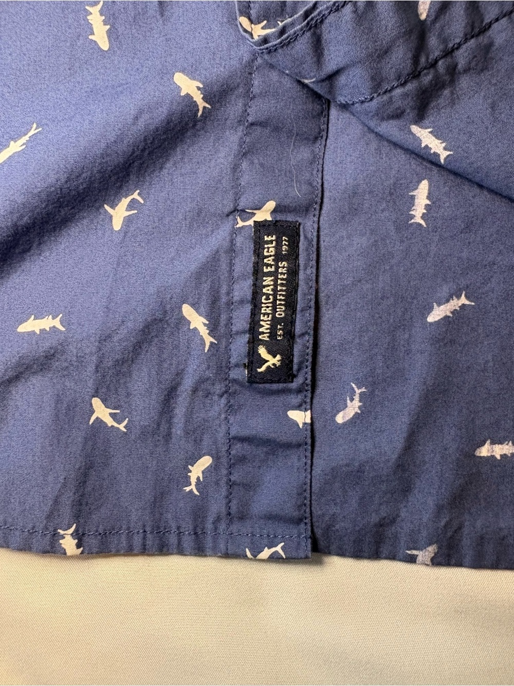 American Eagle Outfitters Navy Short-Sleeve Button-Up- White Micro Shark Print - Picture 9 of 10